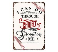 Baseball Metal Sign Philippians 4:13 Christian Baseball Metal Wall Art 20x30cm Metal Baseball Motivational Posters Vintage Christian Wall Art Tin Sign Wall Decor for Bedroom Living Room Bar Bistro