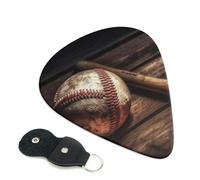 Baseball on Wooden Guitar Picks 6 Pack with Leather Guitar Pick Holder Keychain, Plectrum Key Fob Cases Bag, Abstract Art Plectrum for Acoustic Electric Guitar, Ukulele 0.71mm