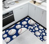 Baseball Red Stitching Kitchen Mats and Rugs, Non Slip Machine Washable White Kitchen Mat Set, Comfort Cartoon Sports Theme Floor Mat, for Hallway Dining Room Entryway Home Decoration 50x80cm+50x180cm