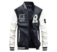 Baseball Sweat Jacket Men's Warm Lined College Jacket with Leather Motorcycle Jacket Unisex Oldschool Varsity Jacket Vintage Streetwear Oversized Patchwork Bomber Jacket Couple Coat Winter Jacket,