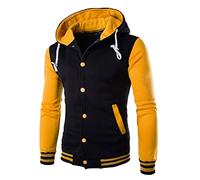 Baseball Sweatshirt Men, Hooded Jackets Sports Coat Button Down Outwear Long Sleeve Shirt Drawstrings And Pouch Pocket Patchwork Sweatshirts Sportswear Streetwear Casual Wear Hoody Top Yellow