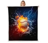 Baseball Throw Blanket 3D Water and Fire Blue Lightning Fuzzy Blanket for Kids Teens Adults Sports Ball Decor Competition Style Fleece Blanket for Living Room 30x40