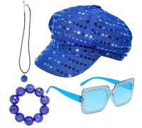 Baseballbat 4Pcs Abba Hat 70s Abba Accessories Women Sequin Hat Blue Glitter Cap Disco Ball Bracelet Necklace Sunglasses Fancy Dress Costume Set for Women 70 80 Party Birthday Dance Outfits