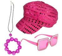 Baseballbat 4Pcs Abba Hat 70s Disco Accessories Women Sequin Hat Abba Fancy Dress Costume Set Glitter Cap Disco Ball Bracelet Necklace Sunglasses for Women 70 80 Party Birthday Dance Outfits