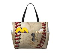 Baseballs Print Large Waterproof Beach Tote Bag for Women with Zip and Pockets Foldable Handbag for Travel Pool Shopping Holiday Gym