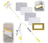 Baseboard Cleaner Tool with Long Handle,Wall Cleaner Mop with Extendable Handle 1 Stiff Bristles mop Head and 4 Reusable Cleaning Pads，Duster for Cleaning Tile Ceiling Window Skirting Board