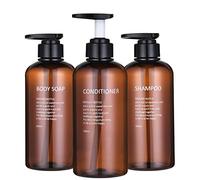 BasedFloor Shampoo and Conditioner Dispenser Bottles-3pcs 16.9oz/500ml Plastic Empty Refillable Pump Lotion Bottle Containers Set for Guest Bathroom Shower Body Wash (Amber)