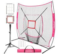 BaseGoal 7'×7' Baseball Softball Practice Net,Baseball Backstop,with Batting Tee,for Hitting Pitching Batting Catching with Bow Frame,Bonus Strike Zone (Purple-A)