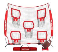 BaseGoal Football Nets for Throwing,Football Target,Quarterback Training Equipment with 5 Target Pockets for Improving Accuracy Throwing (7 x 7 Ft Red + Ball)