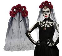 BASEMMAHER Gothic Flower Headband with Veil Day of The Dead Rose Floral Skull Crown Headpiece for Women Halloween Cosplay (Black Red)