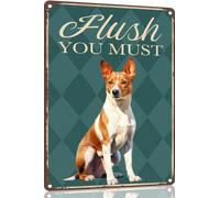 Basenji Metal Sign 8x12 Funny Sign Flush You Must-Funny Metal Bathroom Signs Decorative 8x12 Inch for Home Decor Dog Lover Man Cave for men women