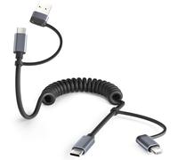 BASESAILOR 4 in 1 USB C to USBC Coiled Car Charger Cable for iPhone 17 Air 1.4M,60W Multi Type C Coil Fast Charging Cord with USB A and Lightning Adapter for Android Auto,Apple 16 15 Pro Max,S23 S22