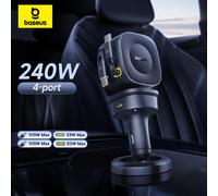 Baseus 240W Car Charger 4 Ports Built in Retractable Cable Fast Charging USB Type-C Car Phone Charger For Samsung iPhone Xiaomi