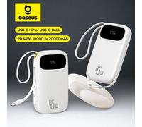 Baseus 45W 20000mAh Power Bank 10000mAh Built-In Retractable USB-C & Lightning Cable for iPhone 17 16 15 Samsung S25 Xiaomi Poco Dual USB-C Black