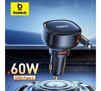 Baseus 60W Car Charger 2 in 1 Retractable Cable SCP 25W QC PD 30W Fast Car Phone Charger For iPad iPhone 16 15 14 13 Pro Samsung
