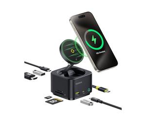 Baseus 7-in-1 Charging Station Magsafe USB-C Docking Hub, 15W Wireless, 4K@60Hz HDMI, 100W PD, 10Gbps USB, SD Card Reader for iPhone 16/15/Mac/Dell/HP/Surface