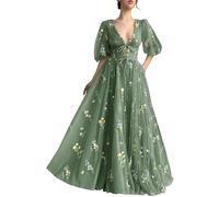 Basgute Flower Embroidery Tulle Puffy Sleeve Prom Dresses Long A Line Fairy Maxi Formal Evening Party Gowns for Women, Floor Length03-green, 20