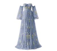 Basgute Flower Embroidery Tulle Puffy Sleeve Prom Dresses Long A Line Fairy Maxi Formal Evening Party Gowns for Women, Long-dusty Blue, 20