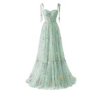 Basgute Tulle Flower Embroidery Puff Sleeve Maxi Dress Fairy Long Dress Formal Evening Party Dress for Women, Ground Length02-Mint Green, 12