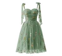 Basgute Women's Flower Embroidery Tulle Prom Dresses Corset Long Spaghetti Strap Fairy Ruched Formal Evening Party Gown, Knee Length-green, 26 Plus