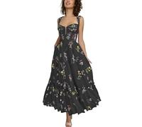 Basgute Women's Flower Embroidery Tulle Prom Dresses Corset Long Spaghetti Strap Fairy Ruched Formal Evening Party Gown, Tea Length-black, 20