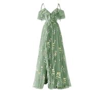 Basgute Women's Flower Embroidery Tulle Prom Dresses Corset Long Spaghetti Strap Fairy Ruched Formal Evening Party Gown, V Neck Slit-green, 8