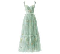 Basgute Women's Flower Embroidery Tulle Prom Dresses Corset Long Spaghetti Strap Fairy Ruched Formal Evening Party Gown, Tea Length-mint Green, 14