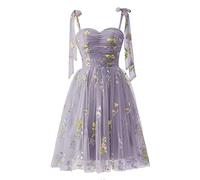 Basgute Women's Flower Embroidery Tulle Prom Dresses Corset Long Spaghetti Strap Fairy Ruched Formal Evening Party Gown, Knee Length-violet, 20 Plus
