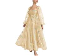 Basgute Women's Flower Embroidery Tulle Prom Dresses Corset Long Spaghetti Strap Fairy Ruched Formal Evening Party Gown, Tea Length-champagne, 4