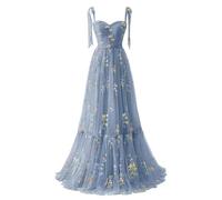 Basgute Women's Flower Embroidery Tulle Prom Dresses Corset Long Spaghetti Strap Fairy Ruched Formal Evening Party Gown, Floor Length02-dusty Blue, 4