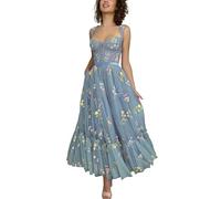 Basgute Women's Flower Embroidery Tulle Prom Dresses Corset Long Spaghetti Strap Fairy Ruched Formal Evening Party Gown, Tea Length-dusty Blue, 14