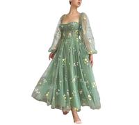 Basgute Women's Flower Embroidery Tulle Prom Dresses Corset Long Spaghetti Strap Fairy Ruched Formal Evening Party Gown, Tea Length-green, 18