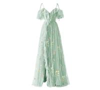 Basgute Women's Flower Embroidery Tulle Prom Dresses Corset Long Spaghetti Strap Fairy Ruched Formal Evening Party Gown, V Neck Slit-mint Green, 18