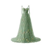 Basgute Women's Flower Embroidery Tulle Prom Dresses Corset Long Spaghetti Strap Fairy Ruched Formal Evening Party Gown, Floor Length-green, 20