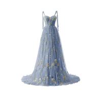 Basgute Women's Flower Embroidery Tulle Prom Dresses Corset Long Spaghetti Strap Fairy Ruched Formal Evening Party Gown, Floor Length-dusty Blue, 20 Plus