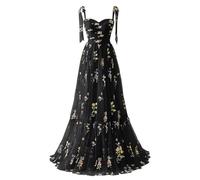 Basgute Women's Flower Embroidery Tulle Prom Dresses Corset Long Spaghetti Strap Fairy Ruched Formal Evening Party Gown, Floor Length02-black, 26 Plus