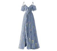 Basgute Women's Flower Embroidery Tulle Prom Dresses Corset Long Spaghetti Strap Fairy Ruched Formal Evening Party Gown, V Neck Slit-dusty Blue, 14