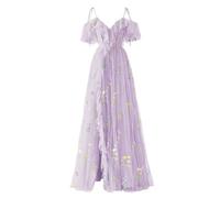 Basgute Women's Flower Embroidery Tulle Prom Dresses Corset Long Spaghetti Strap Fairy Ruched Formal Evening Party Gown, V Neck Slit-purple, 14