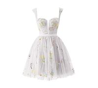 Basgute Women's Flower Embroidery Tulle Prom Dresses Corset Long Spaghetti Strap Fairy Ruched Formal Evening Party Gown, Short-white, 14