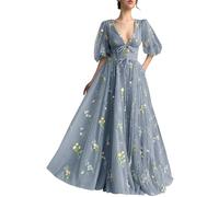 Basgute Women's Long Sleeve Flower Embroidery Tulle Prom Dresses Maxi A Line V Neck Fairy Formal Evening Party Gown, Floor Length03-dusty Blue, 14