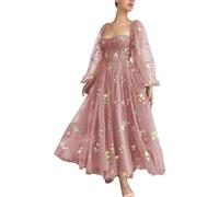 Basgute Women's Long Sleeve Flower Embroidery Tulle Prom Dresses Tea Length A Line Fairy Formal Evening Party Gown, Tea Length-dusty Rose, 14