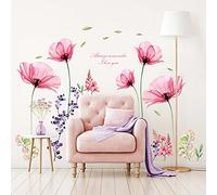 BASHOM SG2-106 Pink Flowers Quotes Wall Stickers Poppy Floral Decals Removable for Inspirational Bedroom Living Room Kitchen Bathroom Art Home Decor