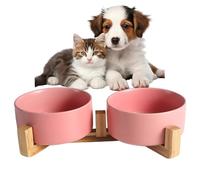 Basic Bowls, Ceramic Dog Bowls, 395ML Dog Food and Water Bowl Set with Anti-Slip Wooden Stand, Riased Dog Dish, Wide Mouth Pet Bowl for Cats & Dogs