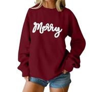 Basic Christmas Sweatshirts Women Merry Letter Sweatshirt Xmas Holiday Shirts Crewneck Pullover Blouse Color Shirt (Wine, M)