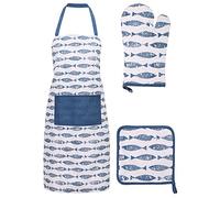 Basic Cotton Kitchen Apron, Glove, and Potholder Set,Fish Market - Navy