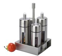 Basic Cruet Set, Stainless Steel and Acrylic Oil and Vinegar Dispenser Bottles, Salt and Pepper Shakers Condiment Server Holder, 4 Piece