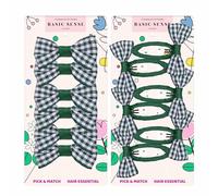 Basic Sense 12pc Gingham Bow Snap Clips & Hair Ties for Girls, Dark Green | 6 Gingham Bow Hair Slides 5cm/1.9in + 6 Gingham Elastic Bands 4mm - Uniform-Matching Set for Nursery & Primary School