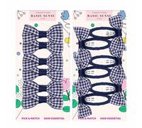 Basic Sense 12pc Gingham Bow Snap Clips & Hair Ties for Girls, Navy | 6 Gingham Bow Hair Slides 5cm/1.9in + 6 Gingham Elastic Bands 4mm - Uniform-Matching Set for Nursery & Primary School