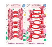 Basic Sense 12pc Gingham Bow Snap Clips & Hair Ties for Girls, Red | 6 Gingham Bow Hair Slides 5cm/1.9in + 6 Gingham Elastic Bands 4mm - Uniform-Matching Set for Nursery & Primary School