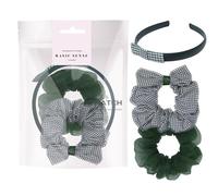 Basic Sense Gingham Check Hair Accessories Set, Hair Scrunchies, Headband, Aliceband for School Uniform, Dark Green
